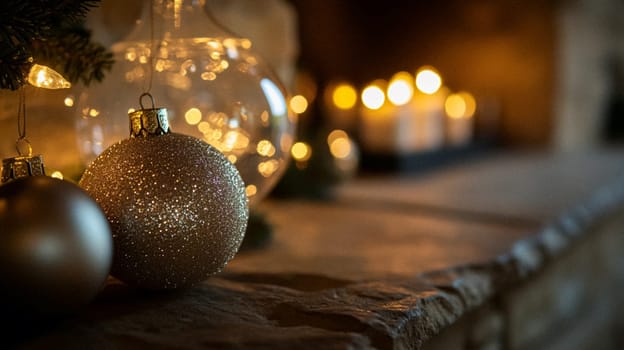 Christmas, holiday decor and country cottage style, cosy atmosphere, decorated Christmas tree in the English countryside house living room with fireplace, interior decoration idea