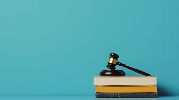 A gavel resting on stacked books against a blue background.