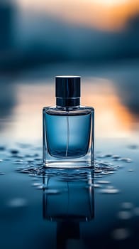 A glass perfume bottle reflecting on a wet surface at sunset.