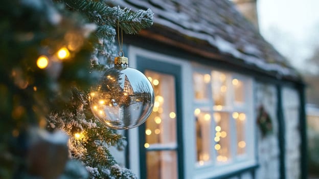 Christmas in the countryside, cottage decorated for holidays on a snowy winter evening with snow and holiday lights, English country styling inspiration
