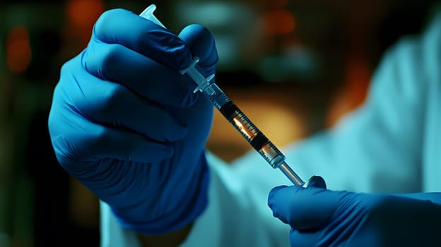 A gloved hand holds a syringe filled with a liquid for injection.