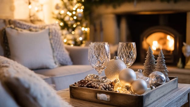 Christmas, holiday decor and country cottage style, cosy atmosphere, decorated Christmas tree in the English countryside house living room with fireplace, interior decoration idea