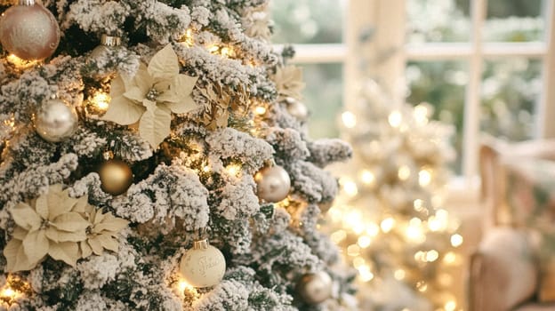 Christmas, holiday decor and country cottage style, cosy atmosphere, decorated Christmas tree in the English countryside house living room with fireplace, interior decoration idea
