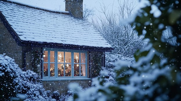 Christmas in the countryside, cottage decorated for holidays on a snowy winter evening with snow and holiday lights, English country styling inspiration