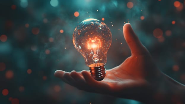 A hand holding a glowing light bulb amidst a dreamy background.