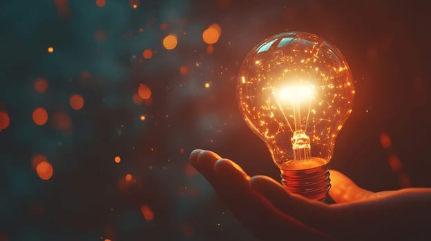A hand holding a glowing light bulb with sparkles around it.