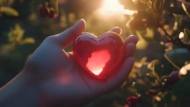 A hand holding a shiny red heart against a sunset backdrop.