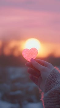A hand holds a pink heart-shaped object against a sunset backdrop.