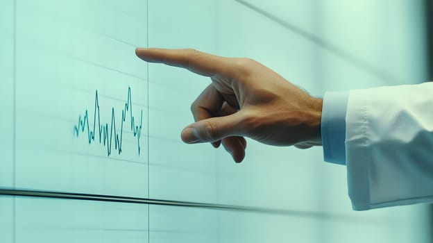 A hand interacting with a digital screen displaying data trends.