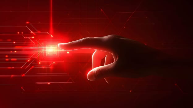 A hand reaching towards a glowing red interface, symbolizing technology.