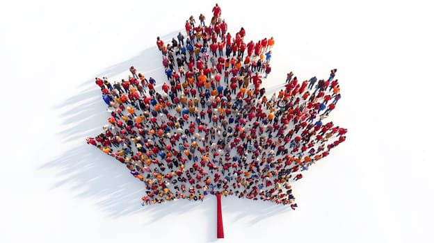 A large group of people forming a maple leaf shape.