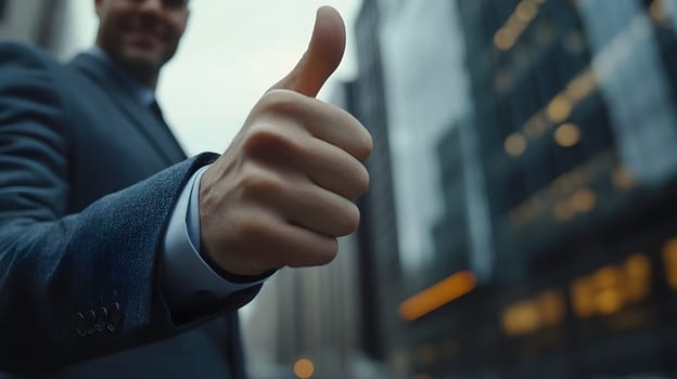 A man in a suit giving a thumbs up in an urban setting.
