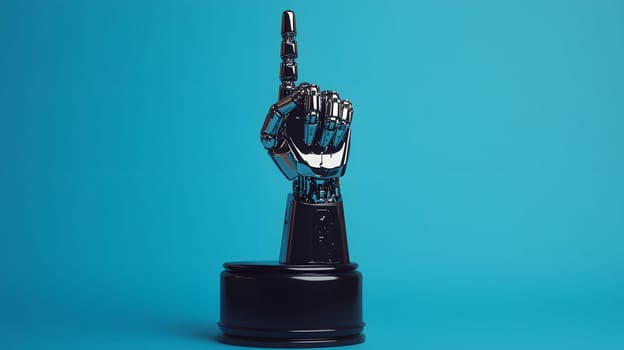 A metallic robotic hand raised in a gesture of number one.