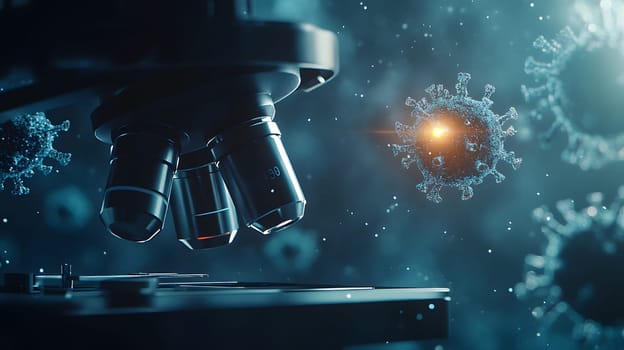 Microscope observing viruses in a scientific research setting.