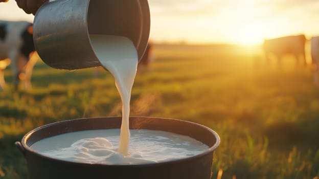 Milk is being poured from a container into a bucket at sunset.