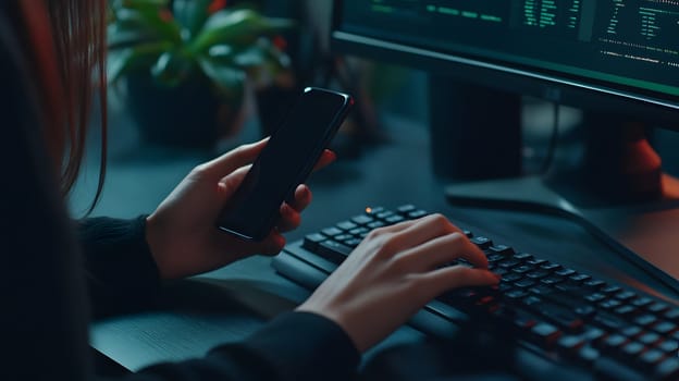 Person using a smartphone while typing on a computer keyboard.