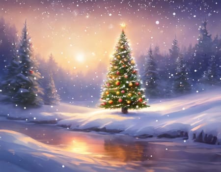 Magical Christmas scene with illuminated tree in snowy forest. Warm sunset glow reflects on icy lake. Falling snow, for holiday card, winter wonderland theme, festive background, seasonal promotion