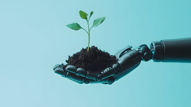 Robotic hand holding soil with a sprouting plant, symbolizing growth.