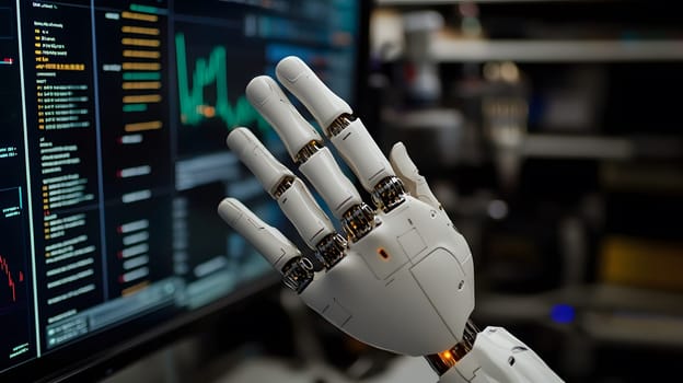 Robotic hand reaching towards a computer screen displaying data.