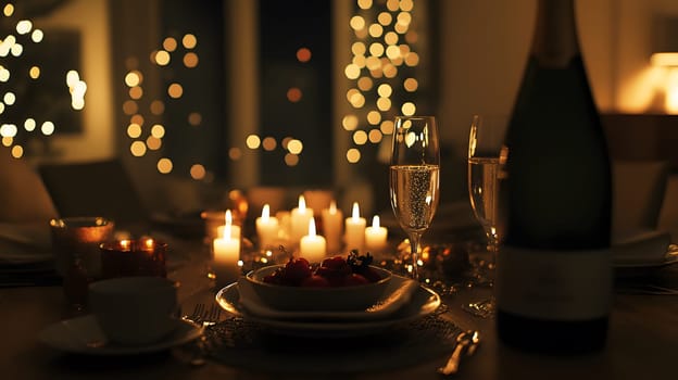 Romantic dinner setting with candles and champagne in soft lighting.