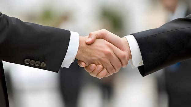 Two business professionals shaking hands in a formal setting.