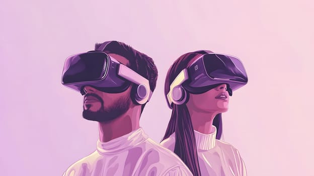 Two individuals wearing VR headsets in a stylized setting.