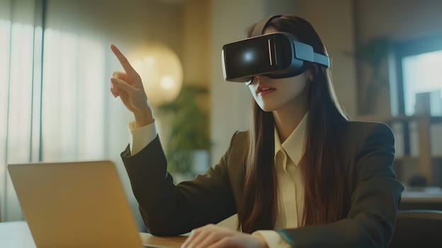 Woman using a virtual reality headset while working on a laptop.