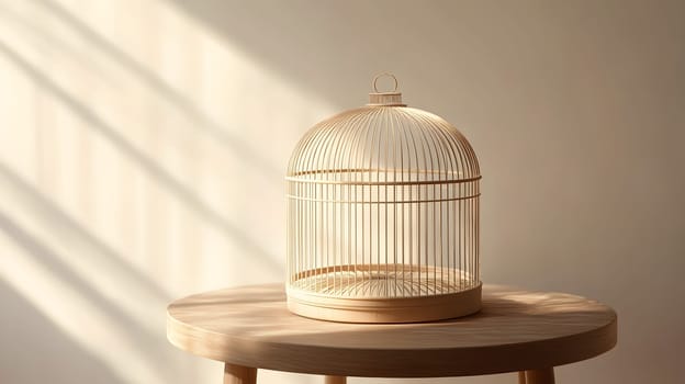 A minimalistic birdcage on a wooden table in soft sunlight.