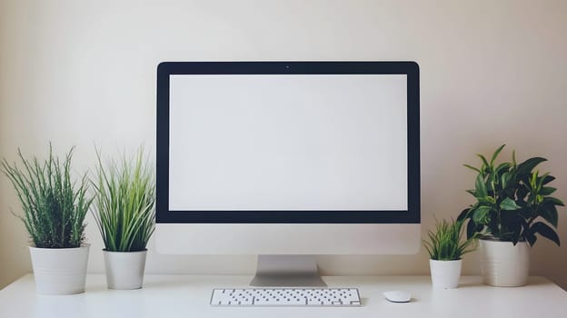 A minimalist workspace featuring a computer and potted plants.