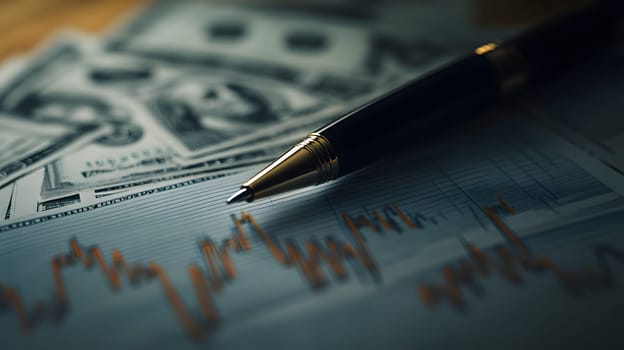 A pen rests on financial documents with cash in the background.