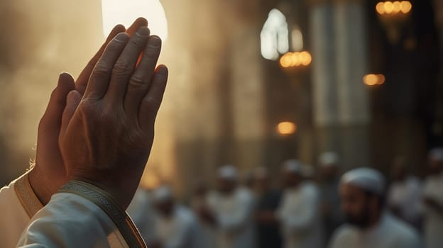 A moment of prayer in a serene, illuminated space.