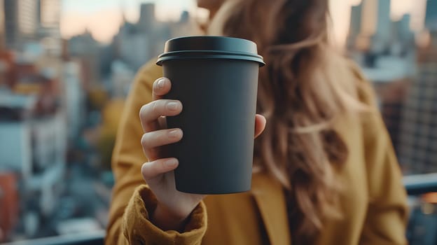 A person holding a coffee cup against a city backdrop.