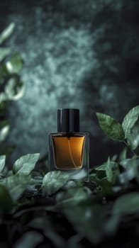 A perfume bottle surrounded by lush green leaves in a moody setting.
