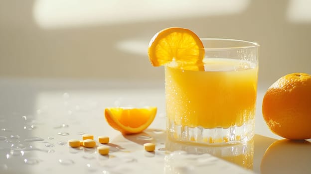 A refreshing glass of orange juice with fresh fruit and tablets.