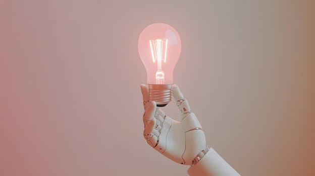 A robotic hand holding a glowing light bulb in a soft background.