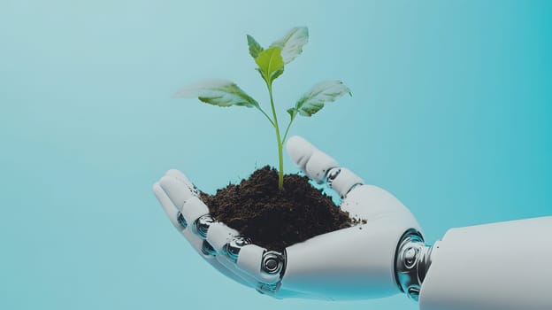 A robotic hand holding a small plant with soil, symbolizing growth.