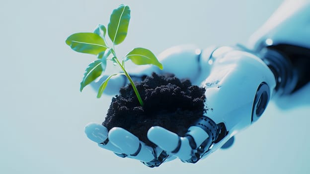 A robotic hand holds a small plant, symbolizing technology and nature.