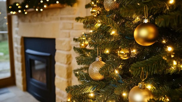 Christmas, holiday decor and country cottage style, cosy atmosphere, decorated Christmas tree in the English countryside house living room with fireplace, interior decoration idea