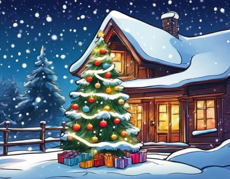 Cozy Christmas scene with beautifully decorated tree, presents outside snow-covered cabin. Warm glowing windows create invitation atmosphere, for holiday card, winter advertisement, festive promotion