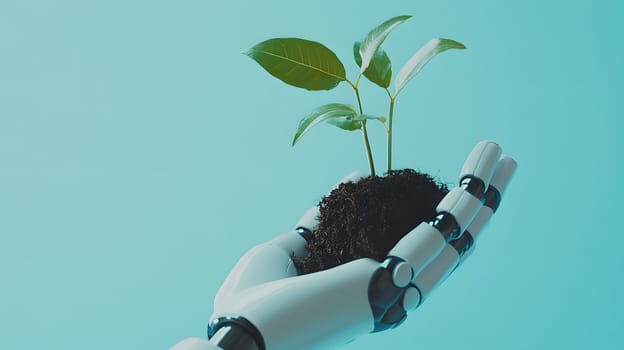 A robotic hand holds a small plant, symbolizing technology and nature.
