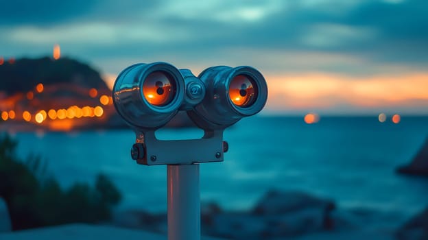 A scenic viewfinder overlooking a tranquil seascape at sunset.