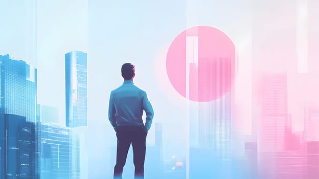 A silhouette gazes at a futuristic cityscape with abstract elements.