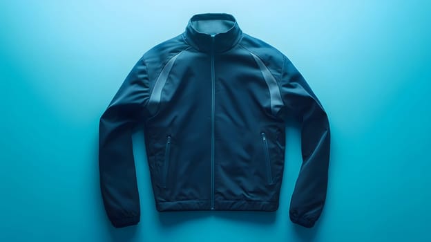 A sleek, dark jacket displayed on a blue background.