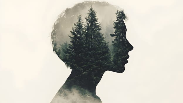 A silhouette of a person filled with forest imagery.