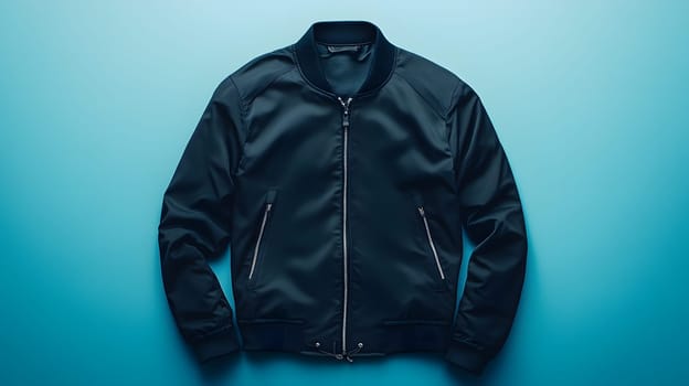 A stylish navy bomber jacket on a vibrant blue background.