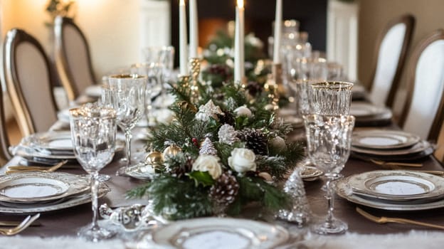 Christmas tablescape decoration, formal family dinner holiday celebration, luxury table setting decor, English country and home style idea
