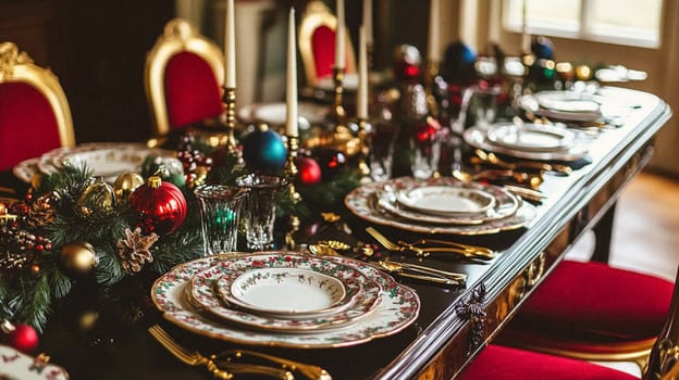 Christmas tablescape decoration, formal family dinner holiday celebration, luxury table setting decor, English country and home style idea