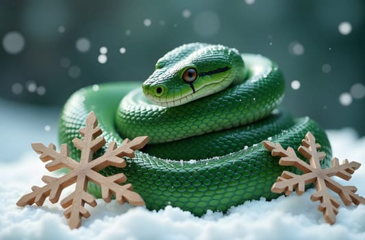 The snake mischievously weaves through snowflakes, each one featuring a wooden texture. This playful interaction adds a unique, charming element to the wintry, holiday-inspired scene. High quality photo