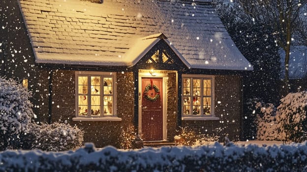Christmas in the countryside, cottage decorated for holidays on a snowy winter evening with snow and holiday lights, English country styling inspiration