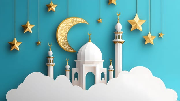 A whimsical illustration featuring a mosque, crescent moon, and stars.